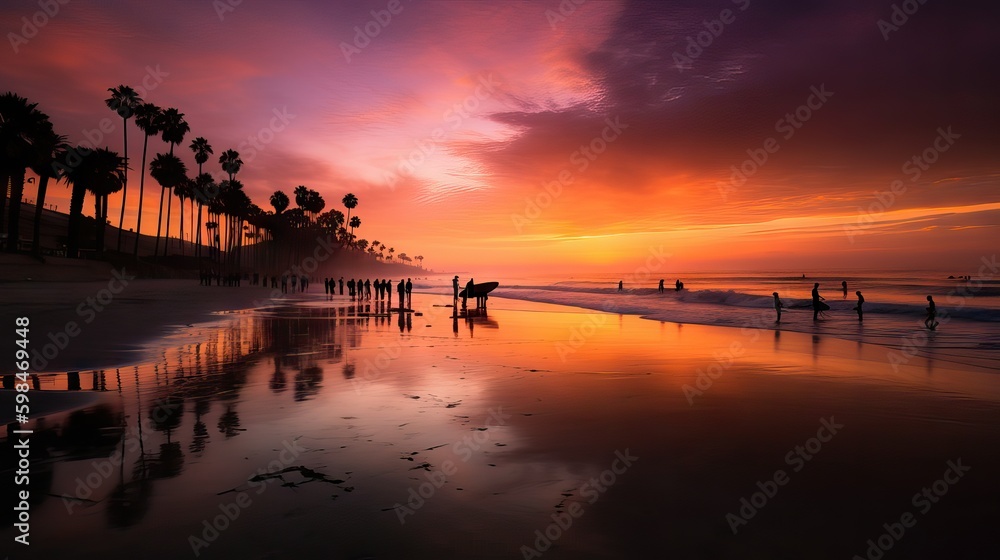 Fototapeta premium California summer sunset with palms at the wet horizon with orange and red hues, warm and inviting, generative ai