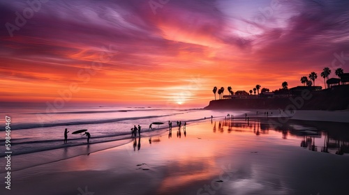 California summer sunset with palms at the wet horizon with orange and red hues  warm and inviting  generative ai