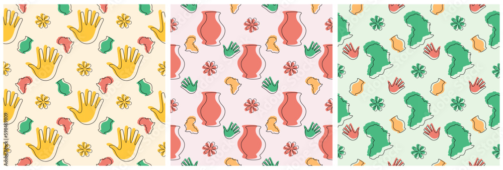 Set of Happy Africa Day Seamless Pattern Design with Culture African Tribal Figures Decoration in Template Hand Drawn Cartoon Flat Illustration Set of Happy Africa Day Seamless Pattern Design with Culture African Tribal Figures Decoration in Template Hand Drawn Cartoon Flat Illustration