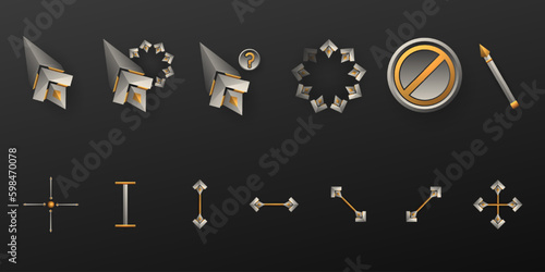 Fantasy silver and gold theme custom mouse cursor pointer icons set for game ui design