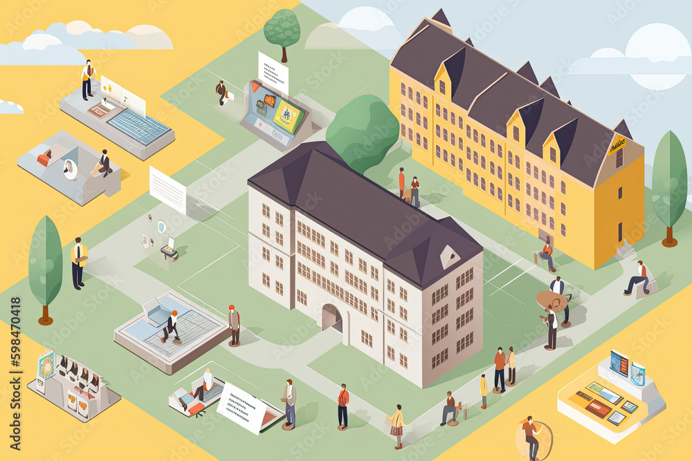 Isometric school buildings 3d with figures of people. Generative AI.