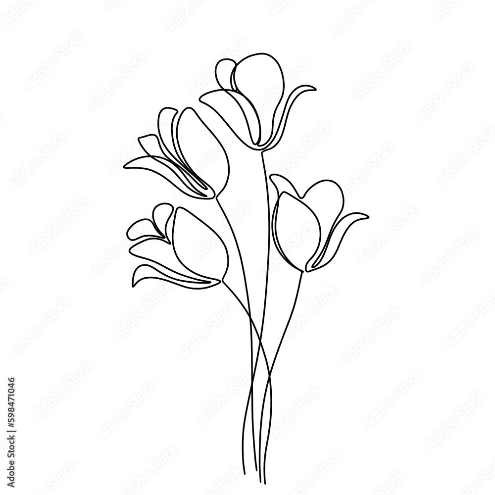 Obraz premium Flower and plant continuous single line art drawing. Tulip flower minimal art style. Tulip flower continuous line art illustration.