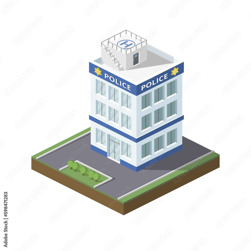 Isometric Vector Illustration of Police Department Building with Helipad on Top Roof in Flat Color Style