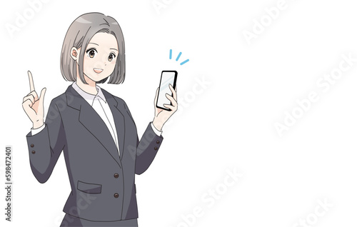 スマホを持って指差ししているスーツの女性のバナーイラスト