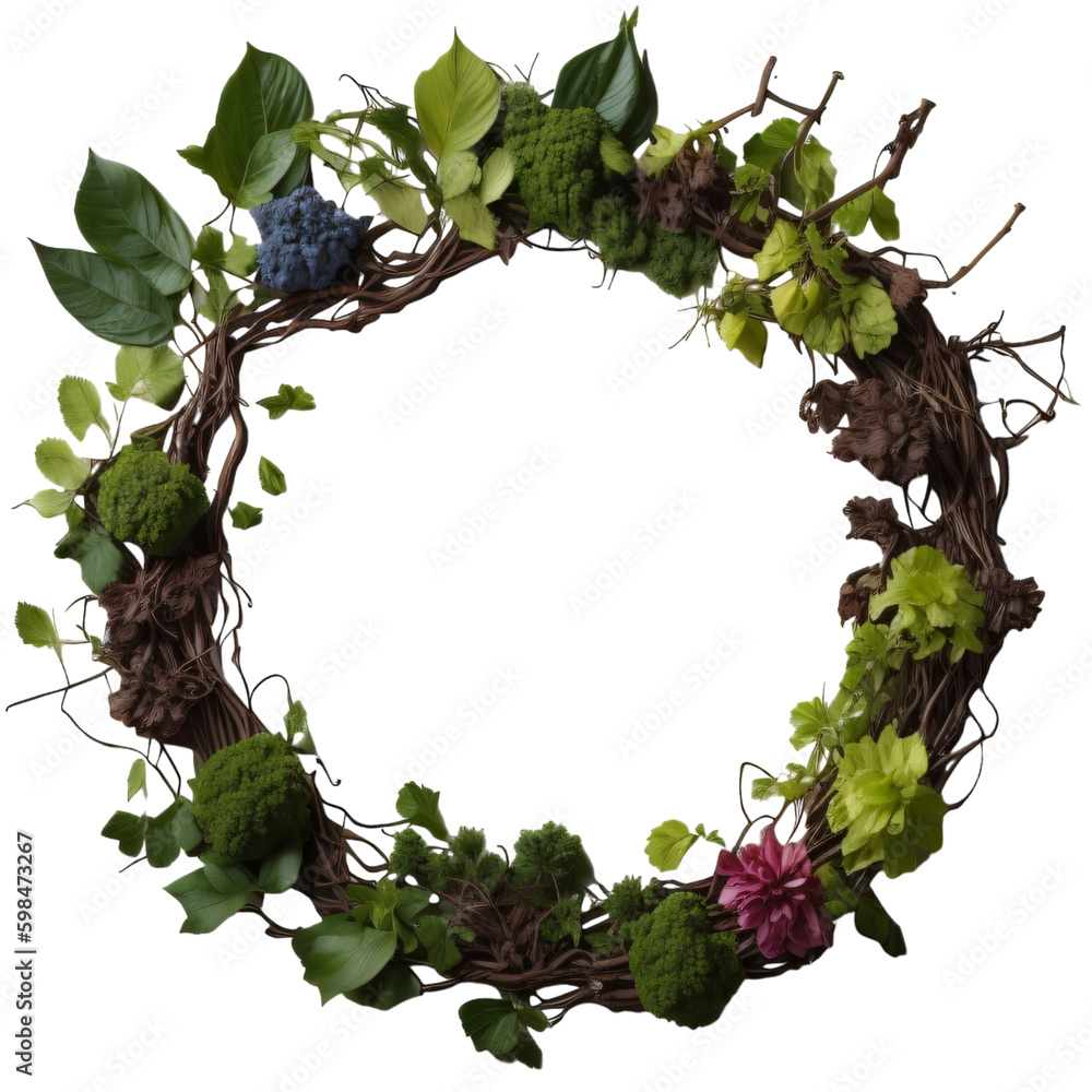 Fototapeta premium Frame of leaves and roots and flowers resulting from generative ai