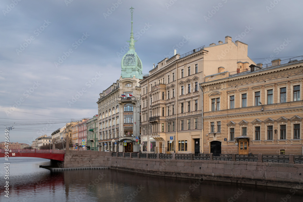 View of the historical buildings on the Moika River embankment, St. Petersburg, Russia
