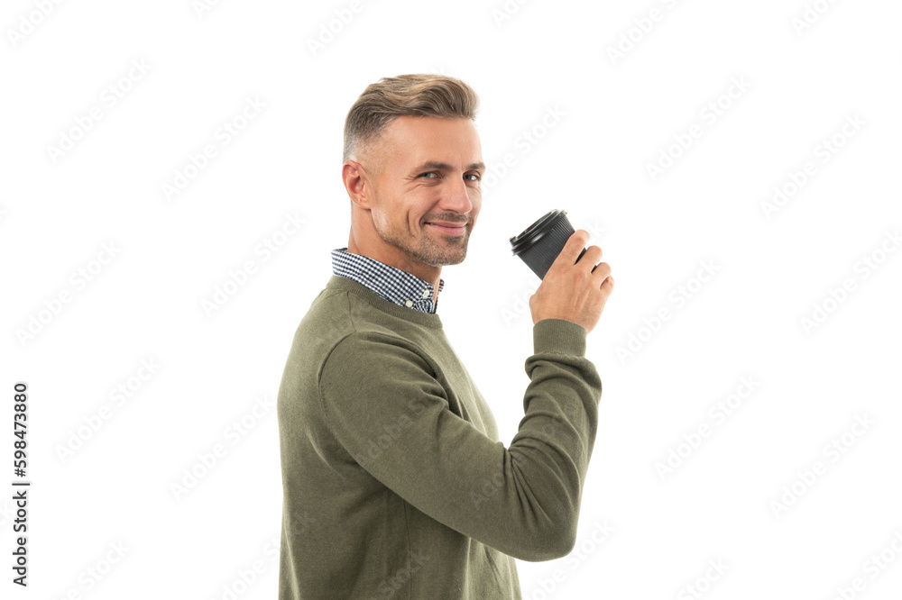 positive man drinking coffee on background. photo of man drinking coffee. positive man drinking coffee on background. photo of man drinking coffee.