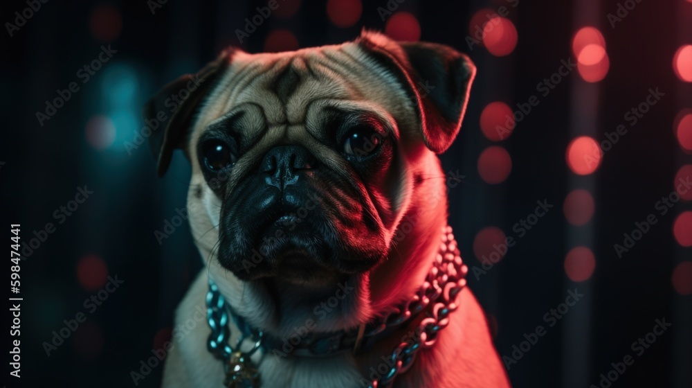 Adorably grumpy bouncer pug dog with large chain necklace keeping watch at nightclub entrance, cool and edgy alternative canine pet portrait, red nightclub backlight - Generative Ai