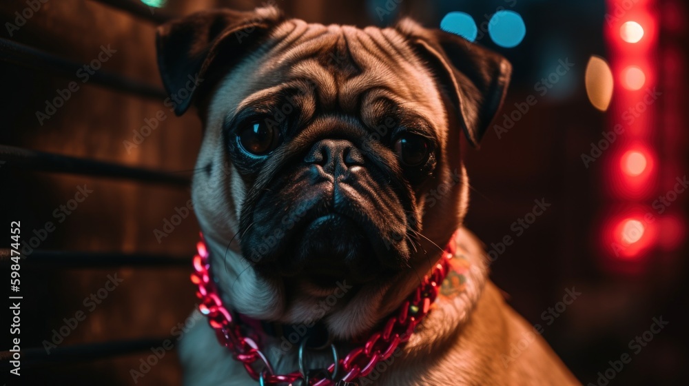 Adorably grumpy bouncer pug dog with large chain necklace keeping watch at nightclub entrance, cool and edgy alternative canine pet portrait, red nightclub backlight - Generative Ai