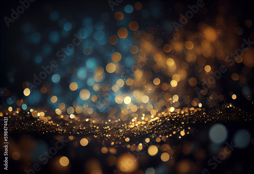A vibrant and colorful abstract glitter lights background, with twinkle stars and bokeh lights in black and gold. A perfect choice for holiday celebrations. AI Generative. Generative AI