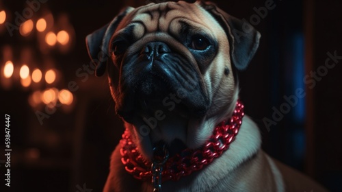 Adorably grumpy bouncer pug dog with large chain necklace keeping watch at nightclub entrance, cool and edgy alternative canine pet portrait, red nightclub backlight - Generative Ai © SoulMyst
