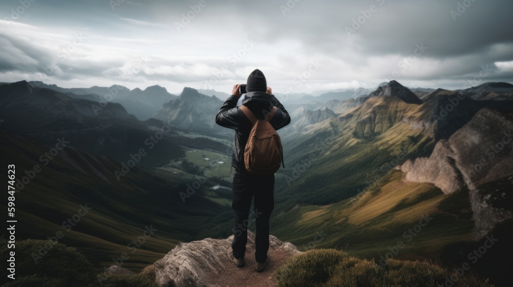 Fototapeta premium person capturing a stunning landscape with a camera, generative ai