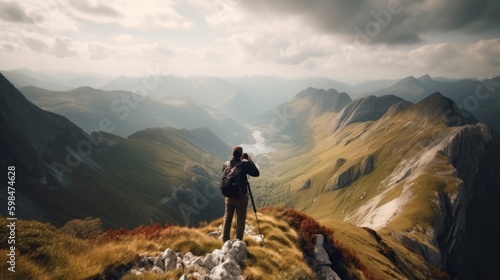 person capturing a stunning landscape with a camera, generative ai © ThisDesign