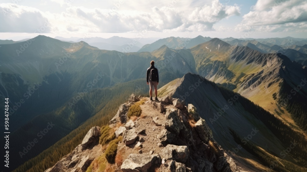 person enjoying a scenic view from a mountain summit, generative ai