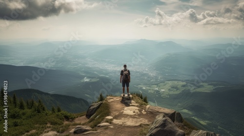 person enjoying a scenic view from a mountain summit, generative ai © ThisDesign