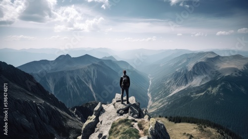 person enjoying a scenic view from a mountain summit, generative ai © ThisDesign