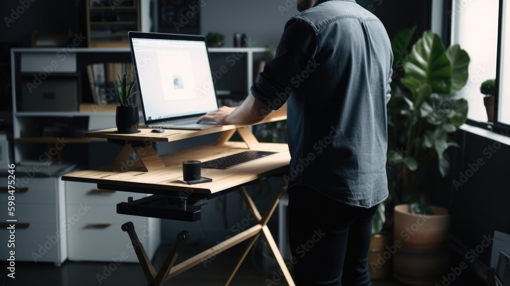 person working on a laptop or computer at a standing desk, generative ai