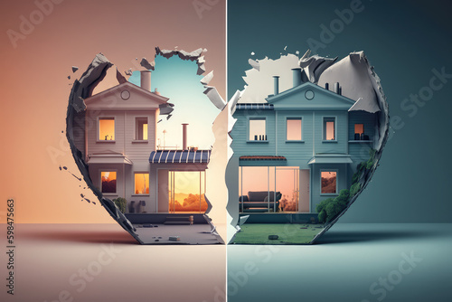Heart shaped apartment is torn in half. Concept division of jointly acquired property in marriage, separation of house during divorce of family, generative AI