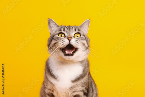 Portrait of a happy and excited cat with yellow eyes on isolated yellow background
