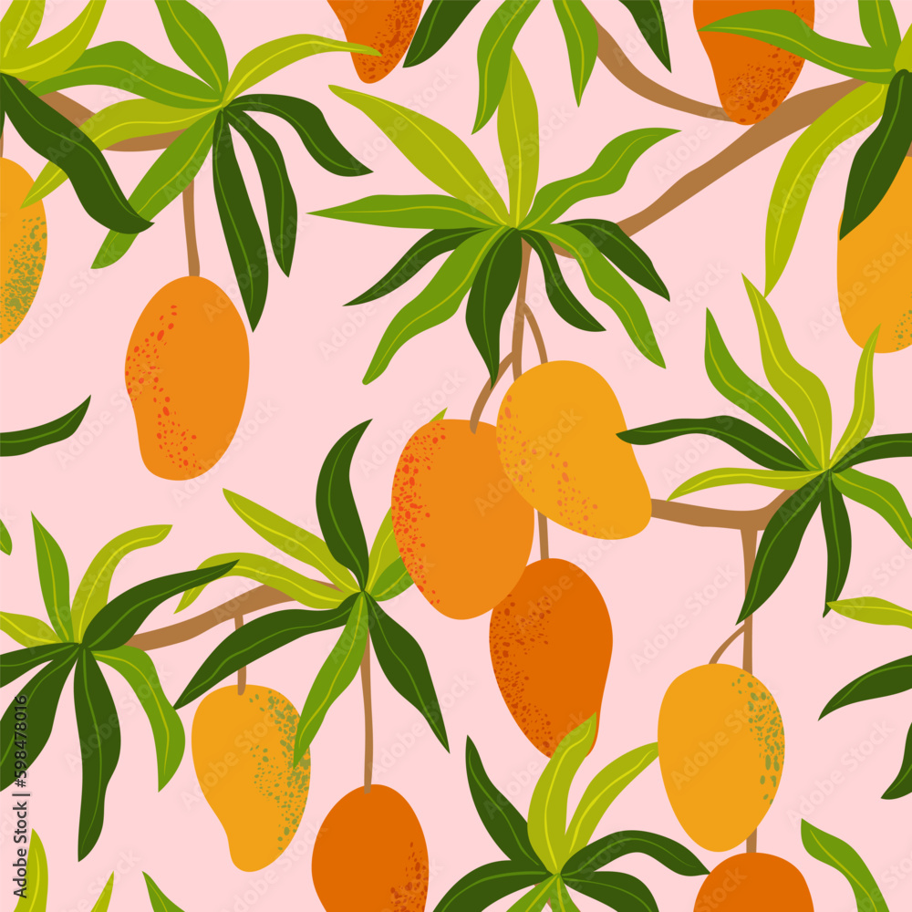 Seamless pattern with whole mangoes, leaves, branches isolated on pink background. Tropical summer design background. 
