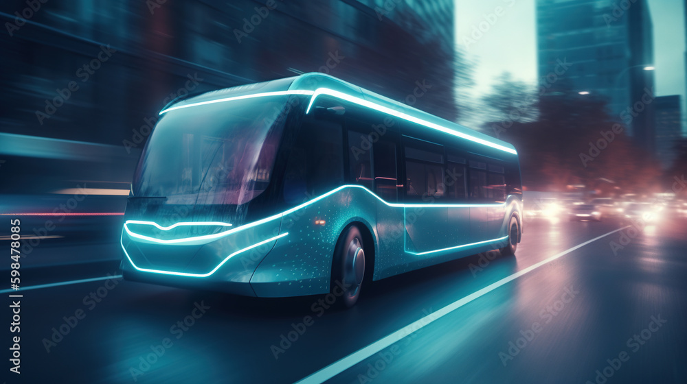 Futuristic bus on the move at the city street, blurred motion. Beautiful generative art