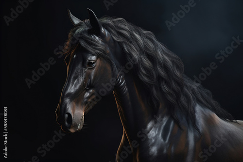 Gorgeous black horse with beautiful flowing mane photorealistic portrait. generative art