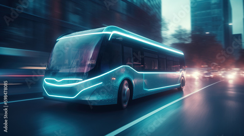 Futuristic bus on the move at the city street, blurred motion. Beautiful generative art © Cheport