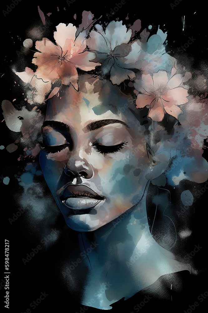 Gorgeous black woman portrait and abstract floral pattern. Charcoal drawings with colorful accents. Generative art