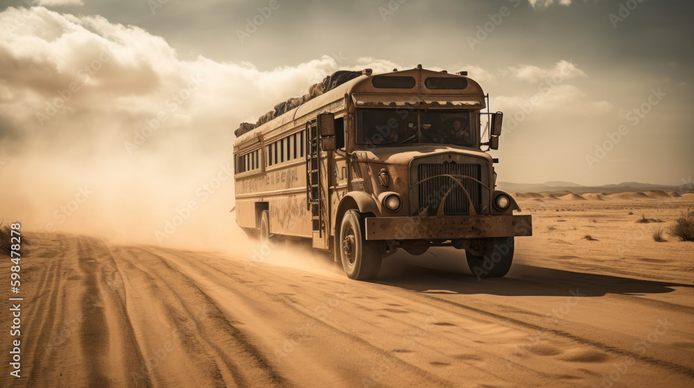 Highly customized rusty bus rushes through the desert. Generative AI