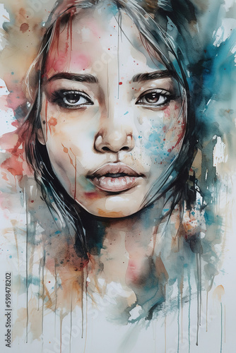 Artistic female portrait. Beautiful charcoal drawings with colorful accents. Generative art