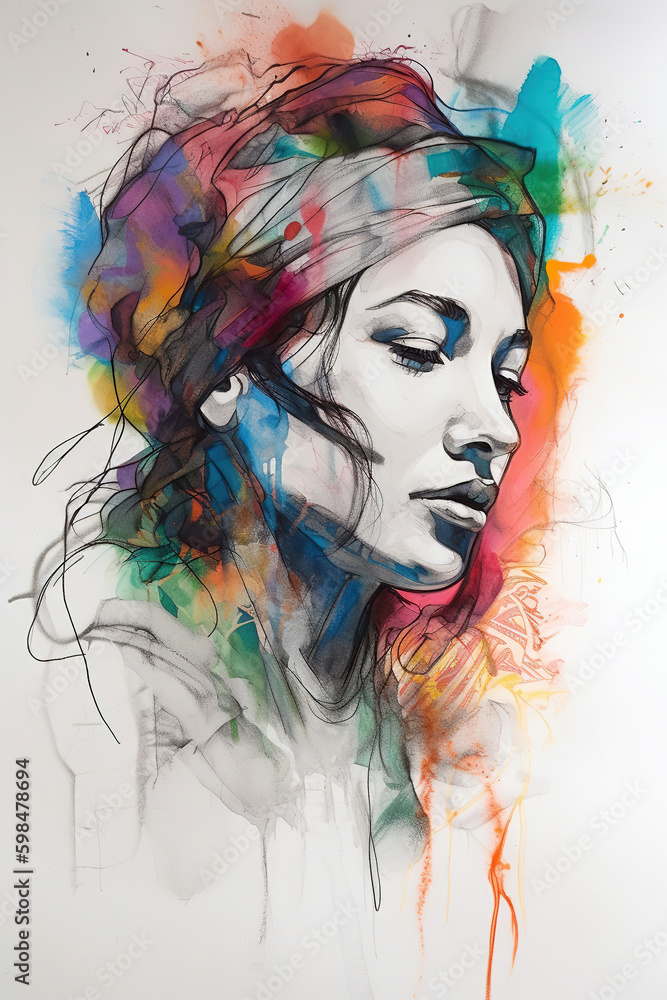 Stunning female portrait, charcoal drawings with colorful accents. Generative art