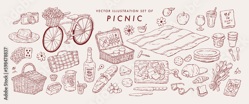 Leinwand Poster Vector illustration set of picnic.Hand drawn sketches.