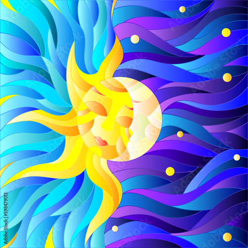 Illustration in stained glass style , abstract sun and moon on a  sky background