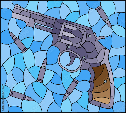 Illustration in the style of a stained glass window with a revolver and bullets on a blue background