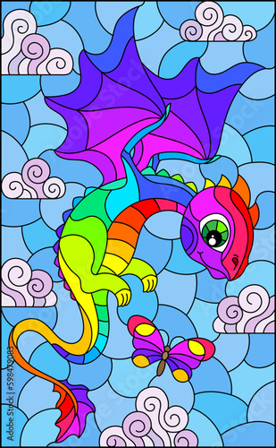 Stained glass illustration with bright rainbow cartoon dragon against a cloudy blue cloudy  sky  rectangular image