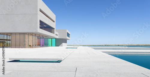 3D Modern architecture with a pond © jamesteohart