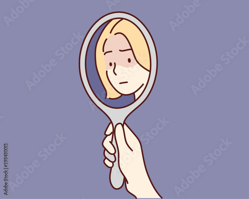 woman staring at her sad reflection in a mirror. Hand drawn style vector design illustrations.
