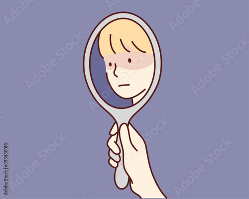 man staring at her sad reflection in a mirror. Hand drawn style vector design illustrations.
