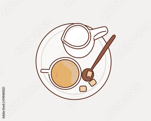 Coffee with milk and sugar on table. Hand drawn style vector design illustrations.