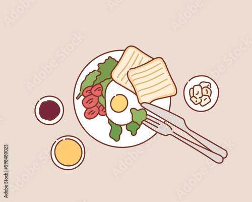 bread toast and fried eggs in a plate with tomatoes breakfast. Hand drawn style vector design illustrations.