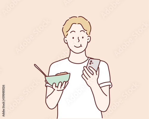 Man Eating Breakfast Whilst Checking Mobile Phone. Hand drawn style vector design illustrations.