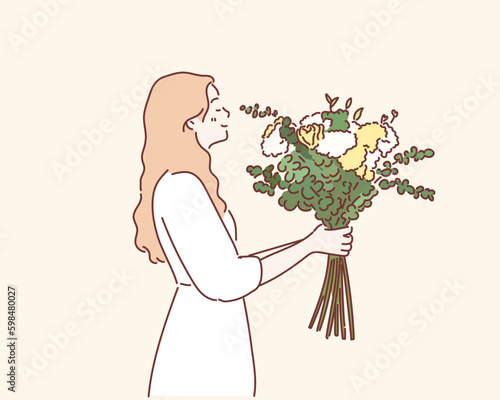 young woman in dress holding flowers. Hand drawn style vector design illustrations.