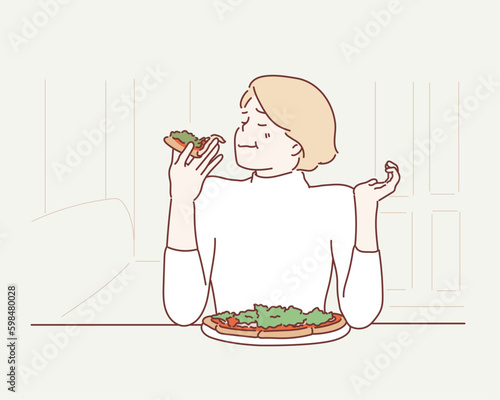  girl eating pizza at restaurant.Hand drawn style vector design illustrations.