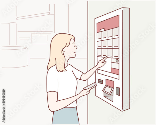woman orders food at the touch screen self service machine by the electronic menu in the fastfood restaurant. Hand drawn style vector design illustrations.