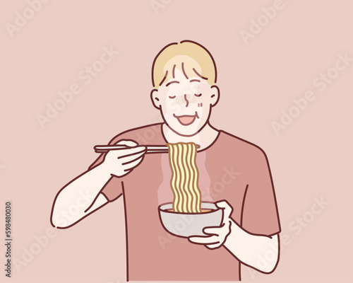 man eating noodles. Hand drawn style vector design illustrations.
