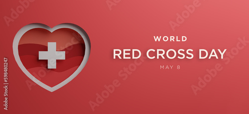 World Red Cross Day poster with silhouettes of heart in paper cut and copy space. 3d render illustration.