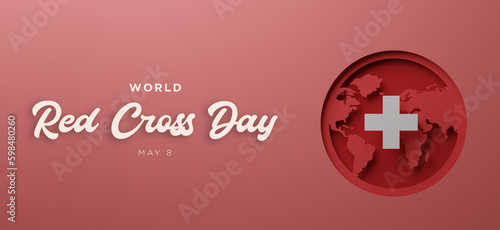 World Red Cross Day poster with silhouettes of world map in paper cut and copy space. 3d render illustration.