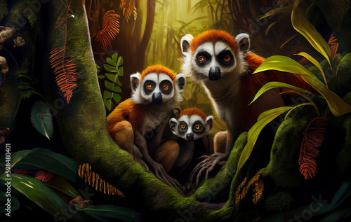 A Heartwarming Glimpse into the Enchanting World of the Lemur  Capturing the Essence of Family and Connection in the Wild Nature  cute illustration with beautiful colors - AI Generated 