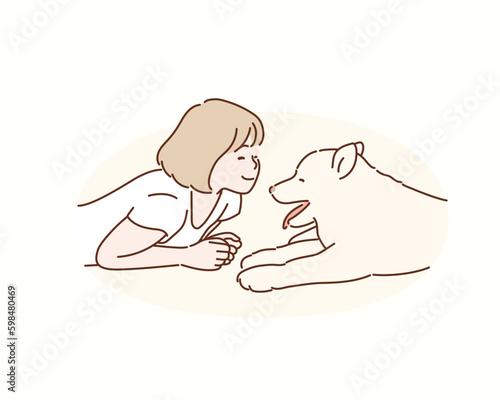  happy woman with little dog.Hand drawn style vector design illustrations.