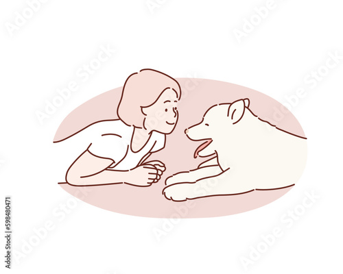  happy woman with little dog.Hand drawn style vector design illustrations.